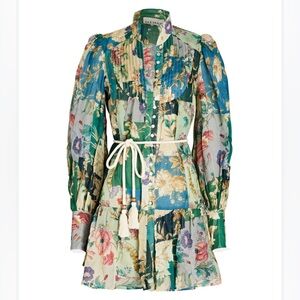 ALEMAIS Sage Belted Floral Linen Mini Dress